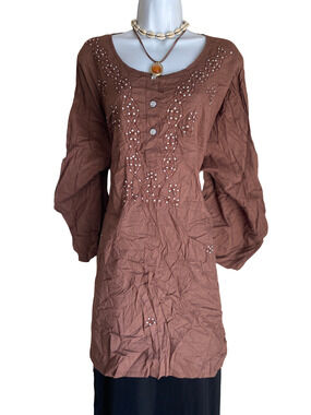 VTG Venezia Plus 6X Boho Emerald Embroided Front & Buttons Semi Sheer Blouse
